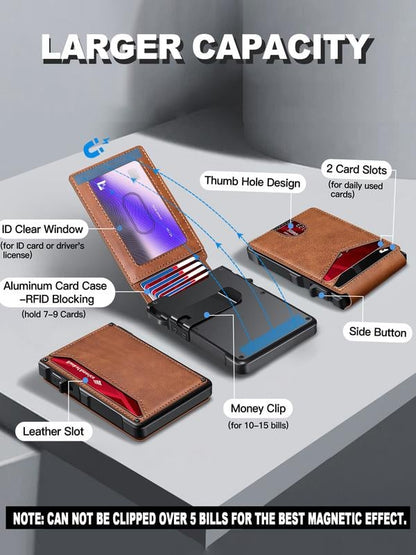 💼🔒Premium Aluminum RFID Blocking Minimalist Wallet for Men — Pop-Up Card Access, Money Clip & ID Window